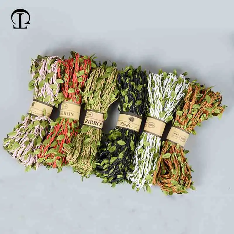 Home Ec Textiles - リーフロープ付きdiy麻ロープ、天然ジュート麻ひもロープ、黄麻布リボン、家庭用ヴィンテージクラフト、結婚式のパーティーの装飾、5m